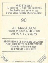 1981-82 O-Pee-Chee Stickers #90 Al MacAdam  Back