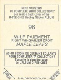 1981-82 O-Pee-Chee Stickers #96 Wilf Paiement  Back