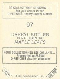 1981-82 O-Pee-Chee Stickers #97 Darryl Sittler  Back