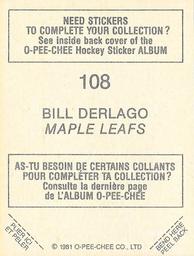 1981-82 O-Pee-Chee Stickers #108 Bill Derlago  Back
