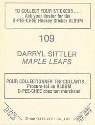 1981-82 O-Pee-Chee Stickers #109 Darryl Sittler  Back
