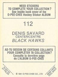 1981-82 O-Pee-Chee Stickers #112 Denis Savard  Back