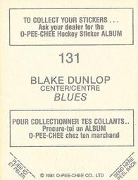 1981-82 O-Pee-Chee Stickers #131 Blake Dunlop  Back