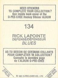 1981-82 O-Pee-Chee Stickers #134 Rick Lapointe  Back