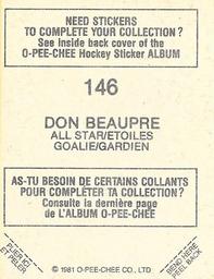 1981-82 O-Pee-Chee Stickers #146 Don Beaupre Back