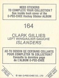 1981-82 O-Pee-Chee Stickers #164 Clark Gillies  Back