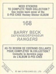 1981-82 O-Pee-Chee Stickers #168 Barry Beck  Back