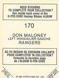 1981-82 O-Pee-Chee Stickers #170 Don Maloney  Back