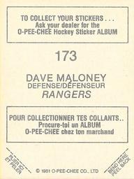 1981-82 O-Pee-Chee Stickers #173 Dave Maloney  Back
