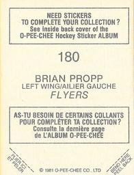 1981-82 O-Pee-Chee Stickers #180 Brian Propp  Back