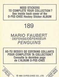 1981-82 O-Pee-Chee Stickers #189 Mario Faubert  Back
