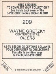 1981-82 O-Pee-Chee Stickers #209 Wayne Gretzky  Back