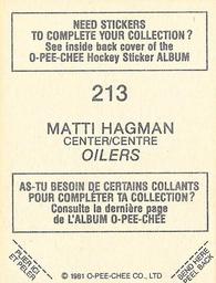 1981-82 O-Pee-Chee Stickers #213 Matti Hagman  Back
