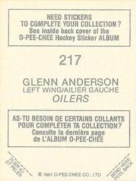 1981-82 O-Pee-Chee Stickers #217 Glenn Anderson  Back
