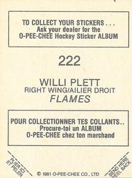 1981-82 O-Pee-Chee Stickers #222 Willi Plett  Back