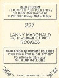 1981-82 O-Pee-Chee Stickers #227 Lanny McDonald  Back