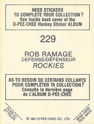 1981-82 O-Pee-Chee Stickers #229 Rob Ramage  Back