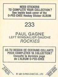 1981-82 O-Pee-Chee Stickers #233 Paul Gagne  Back