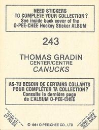 1981-82 O-Pee-Chee Stickers #243 Thomas Gradin  Back