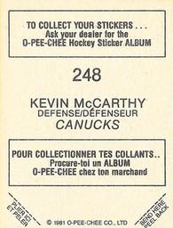 1981-82 O-Pee-Chee Stickers #248 Kevin McCarthy  Back