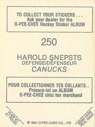 1981-82 O-Pee-Chee Stickers #250 Harold Snepsts  Back