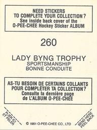 1981-82 O-Pee-Chee Stickers #260 Lady Byng Trophy Back