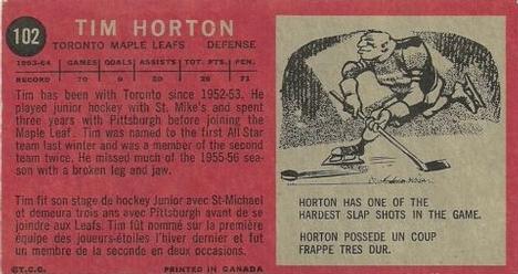 1964-65 Topps #102 Tim Horton Back