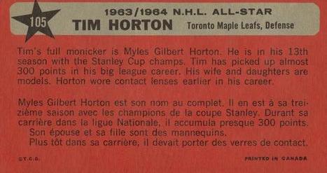 1964-65 Topps #105 Tim Horton Back