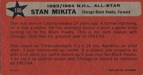 1964-65 Topps #106 Stan Mikita Back