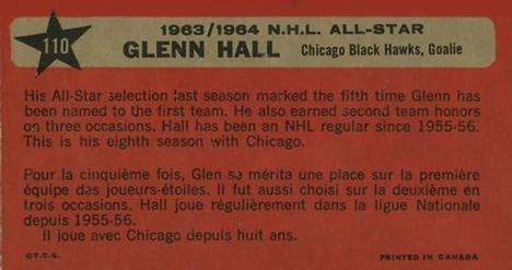 1964-65 Topps #110 Glenn Hall Back