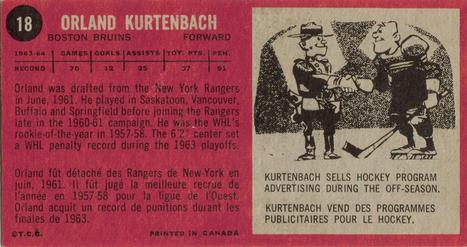 1964-65 Topps #18 Orland Kurtenbach Back