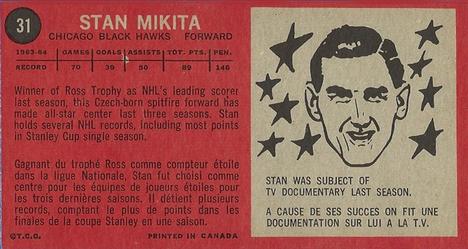 1964-65 Topps #31 Stan Mikita Back