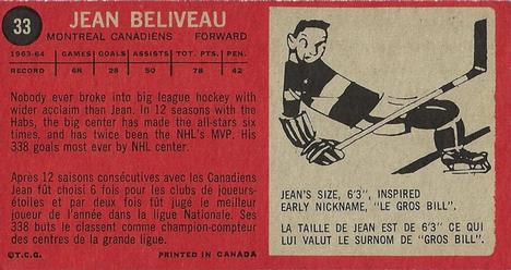 1964-65 Topps #33 Jean Beliveau Back