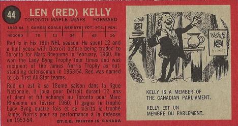 1964-65 Topps #44 Red Kelly Back
