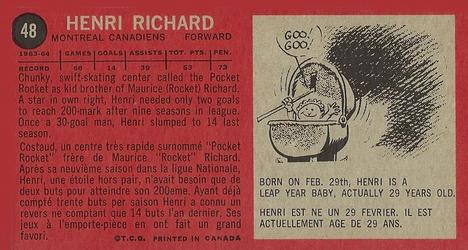 1964-65 Topps #48 Henri Richard Back