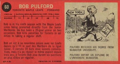 1964-65 Topps #60 Bob Pulford Back
