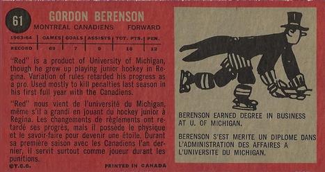1964-65 Topps #61 Gordon Berenson Back