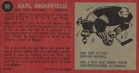 1964-65 Topps #65 Earl Ingarfield Back