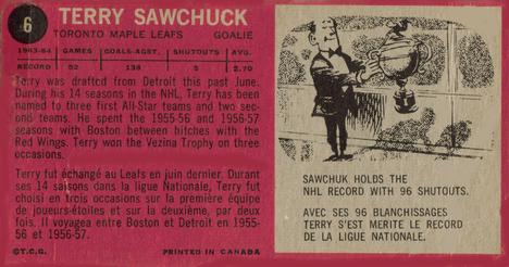 1964-65 Topps #6 Terry Sawchuk Back