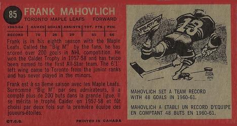 1964-65 Topps #85 Frank Mahovlich Back