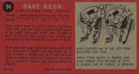 1964-65 Topps #94 Dave Keon Back