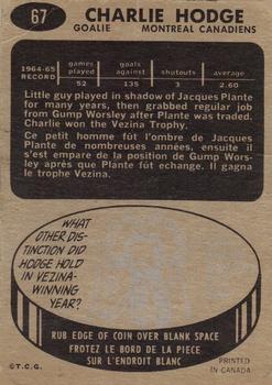 1965-66 Topps #67 Charlie Hodge Back