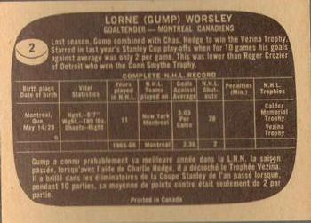 1966-67 Topps #2 Lorne Worsley Back
