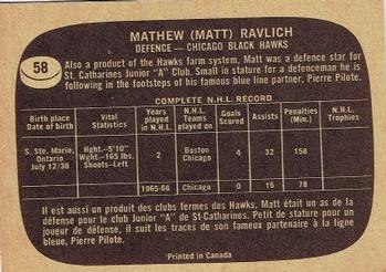 1966-67 Topps #58 Matt Ravlich Back