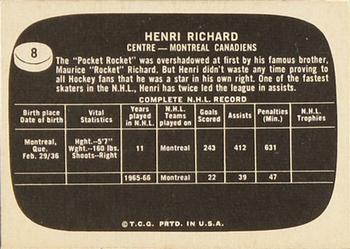 1966-67 Topps USA Test #8 Henri Richard Back