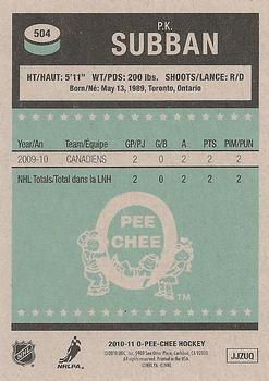 2010-11 O-Pee-Chee - Retro #504 P.K. Subban  Back