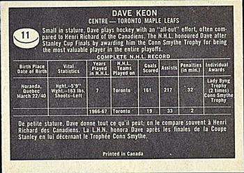 1967-68 Topps #11 Dave Keon Back