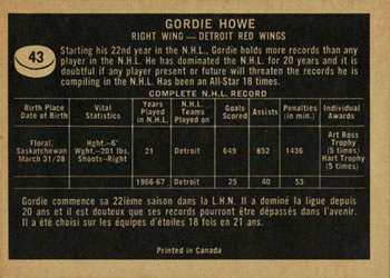 1967-68 Topps #43 Gordie Howe Back