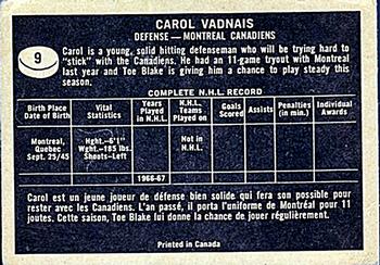1967-68 Topps #9 Carol Vadnais Back