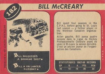 1968-69 O-Pee-Chee #182 Bill McCreary Back